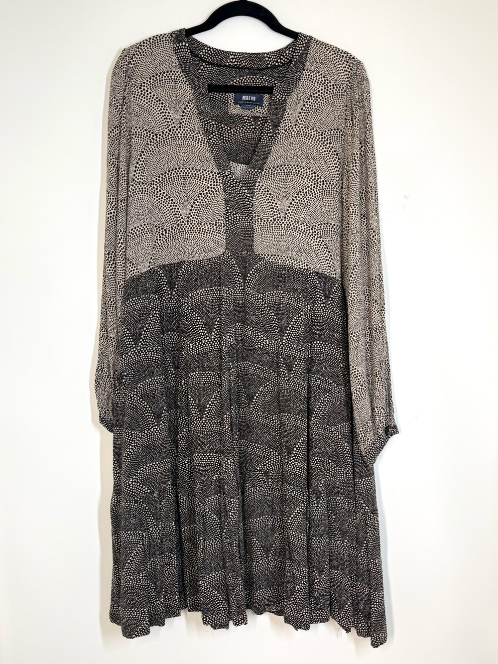 Maeve Anthropologie Black Tan Boho Printed V-Neck Long Sleeve Tiered Dress XL - Picture 2 of 12